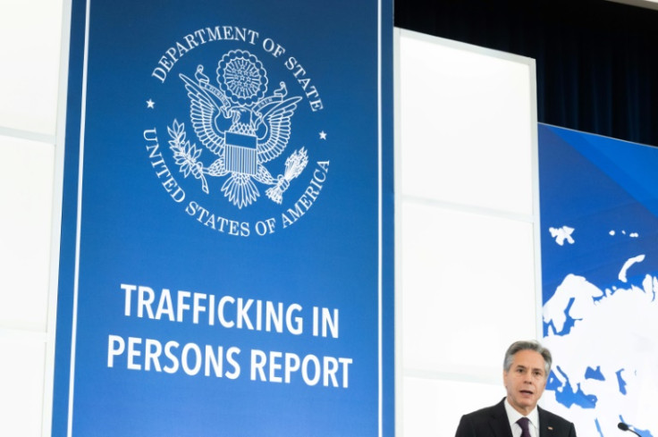 US Secretary of State Antony Blinken speaks during the release of the 2023 Trafficking in Persons (TIP) Report at the State Department in Washington