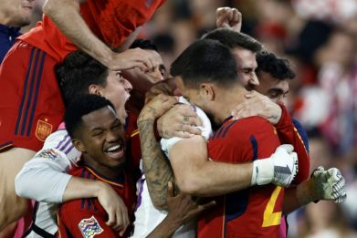 Spain players celebrate after winning the penalty shoot-out to earn UEFA Nations League glory against Croatia