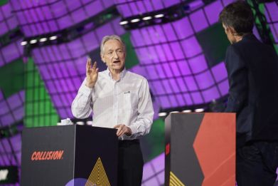 Computer scientist Geoffrey Hinton, known as the 'godfather of AI' speaks during the Collision Tech Conference in Toronto, Canada