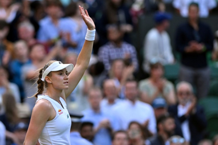 Kazakhstan's Elena Rybakina celebrates her win over French veteran Alize Cornet at Wimbledon