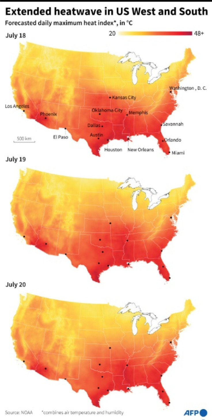 Maps showing forecasted daily maximum heat index for the US from July 18-20