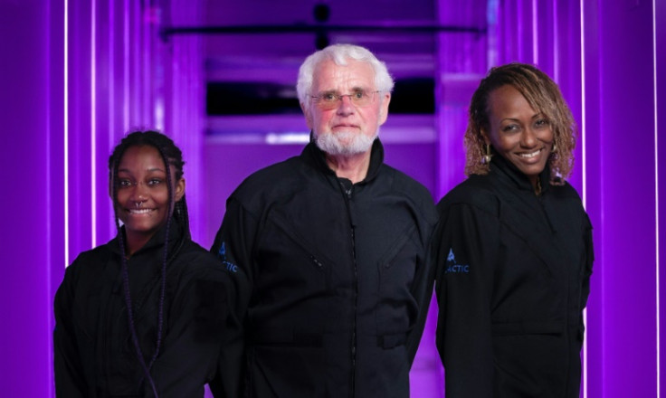 The three passengers for Virgin Galactic's first private space tourism flight: (L-R) Anastatia Mayers, 18, Jon Goodwin, 80, and Keisha Schahaff, 46
