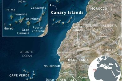 Satellite map of the Canary Islands, Cape Verde and the African coast