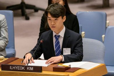 North Korean defector Ilhyeok Kim speaks during a UN Security Council meeting to discuss the situation in North Korea
