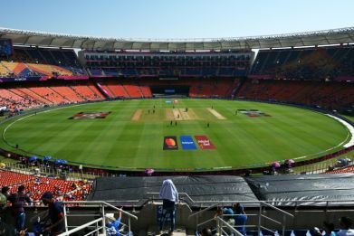 Empty feeling: General view of the Narendra Modi Stadium in the early part of Thursday's opening game between England and New Zealand