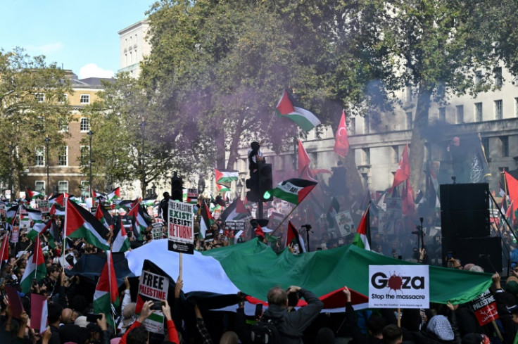 Protesters in central London during a pro-Palestine demonstration on October 14, 2023
