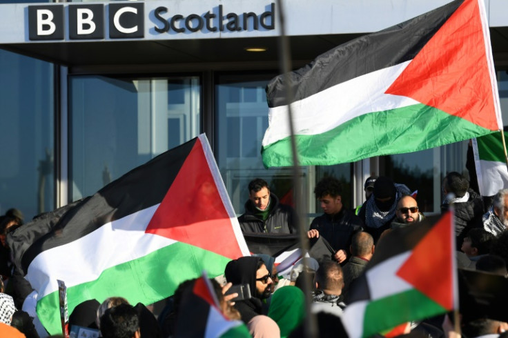 In London and Glasgow some demonstrators protested outside the BBC offices over the broadcaster's coverage of the crisis