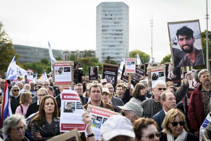 Supporters of Israel, members of the Jewish community and hostages' families and friend attend a rally calling for the release of hostages held by Hamas, near the United Nations office in Geneva, on October 22, 2023