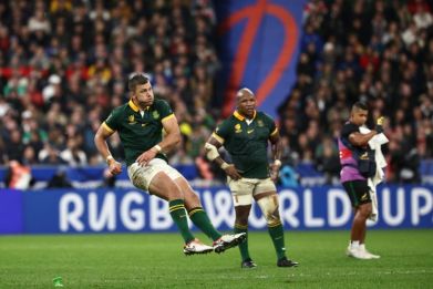 South Africa's fly-half Handre Pollard kicks the winning penalty for South Africa against England at the Stade de France