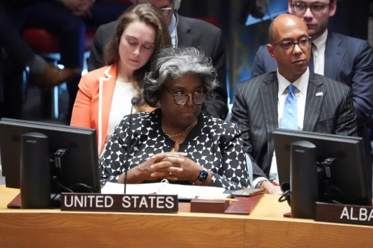 US Ambassador to the UN Linda Thomas-Greenfield looks on at a Security Council meeting on the Middle East on October 18, 2023