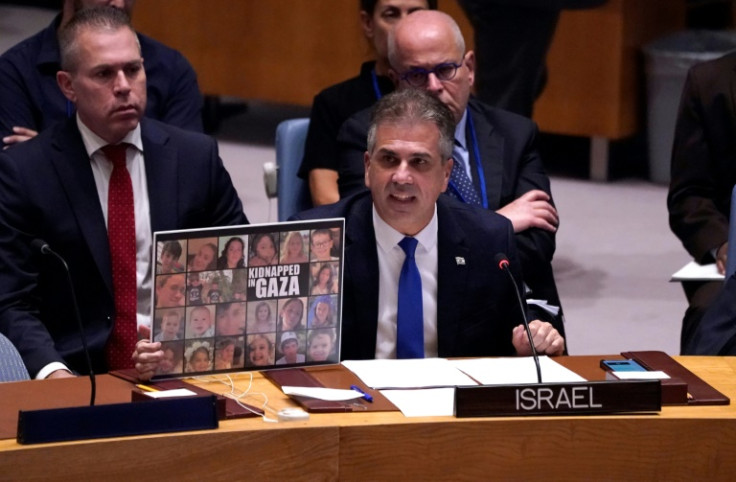 Israeli Foreign Minister Eli Cohen speaks during a United Nations Security Council meeting on the conflict in New York on October 24, 2023