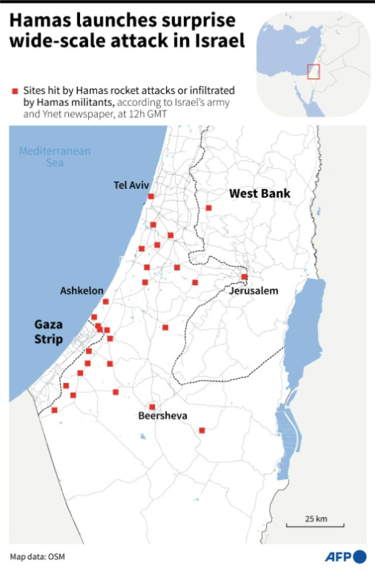 Map locating the sites hit by Hamas rocket attacks or infiltrated by Hamas militants, according to Israel's army and Ynet newspaper, on October 7 at 12h GMT