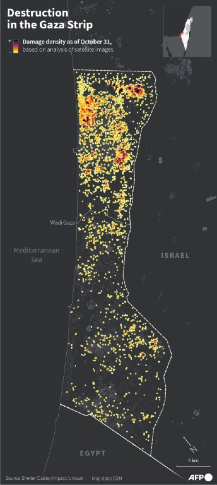 Map of Gaza Strip showing damage density as of October 31, based on analysis of satellite images
