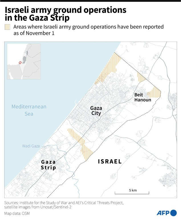 Map of the northern Gaza Strip, showing areas where Israeli army ground operations have been reported.
