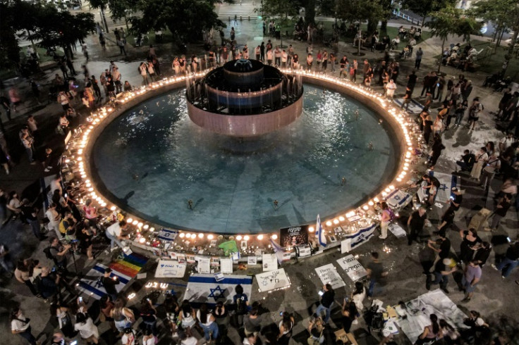 A candle-lit vigil for the hostages at Dizengoff Square in central Tel Aviv