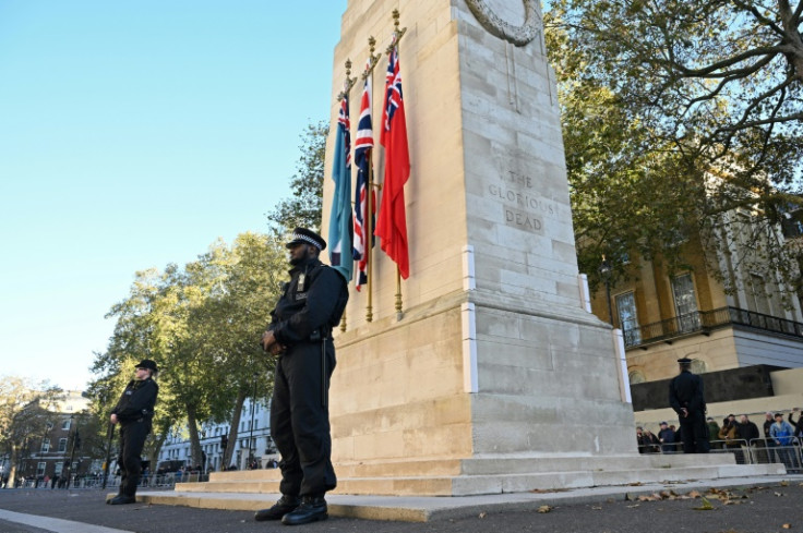 The protest coincides with Armistice Day and police are guarding war memorials