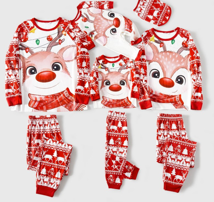 Christmas Deer & Lights Print Red Family Matching Raglan-sleeve Pajamas 