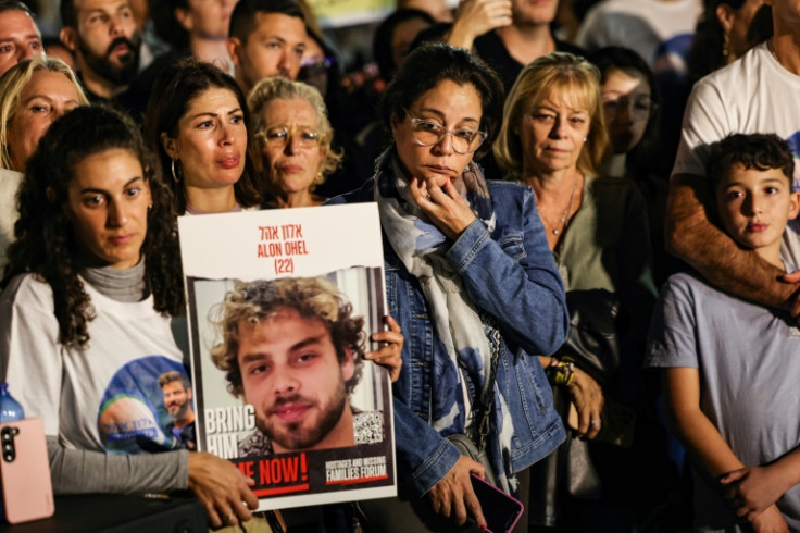 Relatives, friends and supporters of Alon Ohel, held hostage in Gaza by Hamas militants, protest in Tel Aviv to ask for the release of hostages