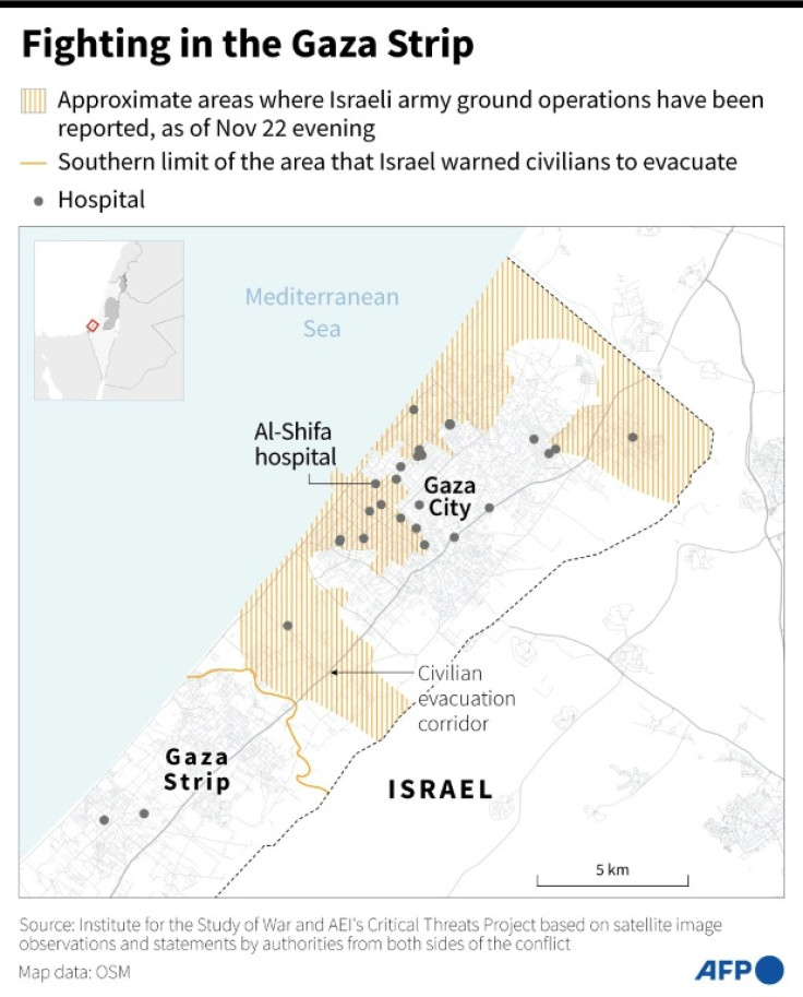 Map of northern Gaza Strip with approximate zones where Israeli army ground operations have been reported and location of hospitals