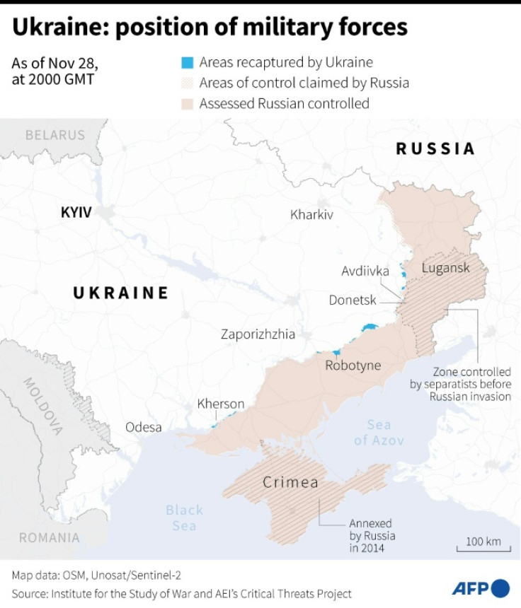 Map of areas controlled by Ukrainian and Russian forces in Ukraine