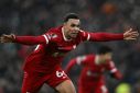Trent Alexander-Arnold celebrates after scoring Liverpool's fourth goal against Fulham at Anfield