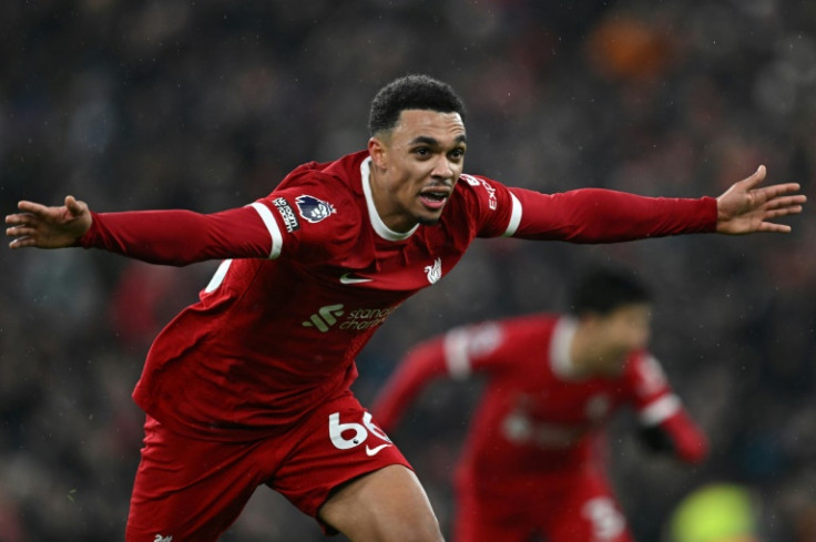 Trent Alexander-Arnold celebrates after scoring Liverpool's fourth goal against Fulham at Anfield