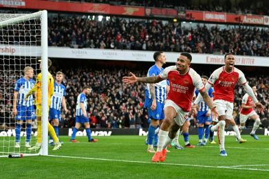 Arsenal's Gabriel Jesus celebrates his goal against Brighton