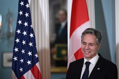 US Secretary of State Antony Blinken smiles before signing a defense agreement with Denmark in Washington on December 21, 2023