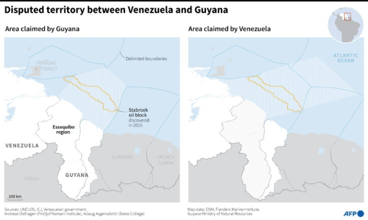 Map locating the Essequibo territory, disputed between Venezuela and Guyana, the areas claimed by each country as well as the giant Stabroek oil block.