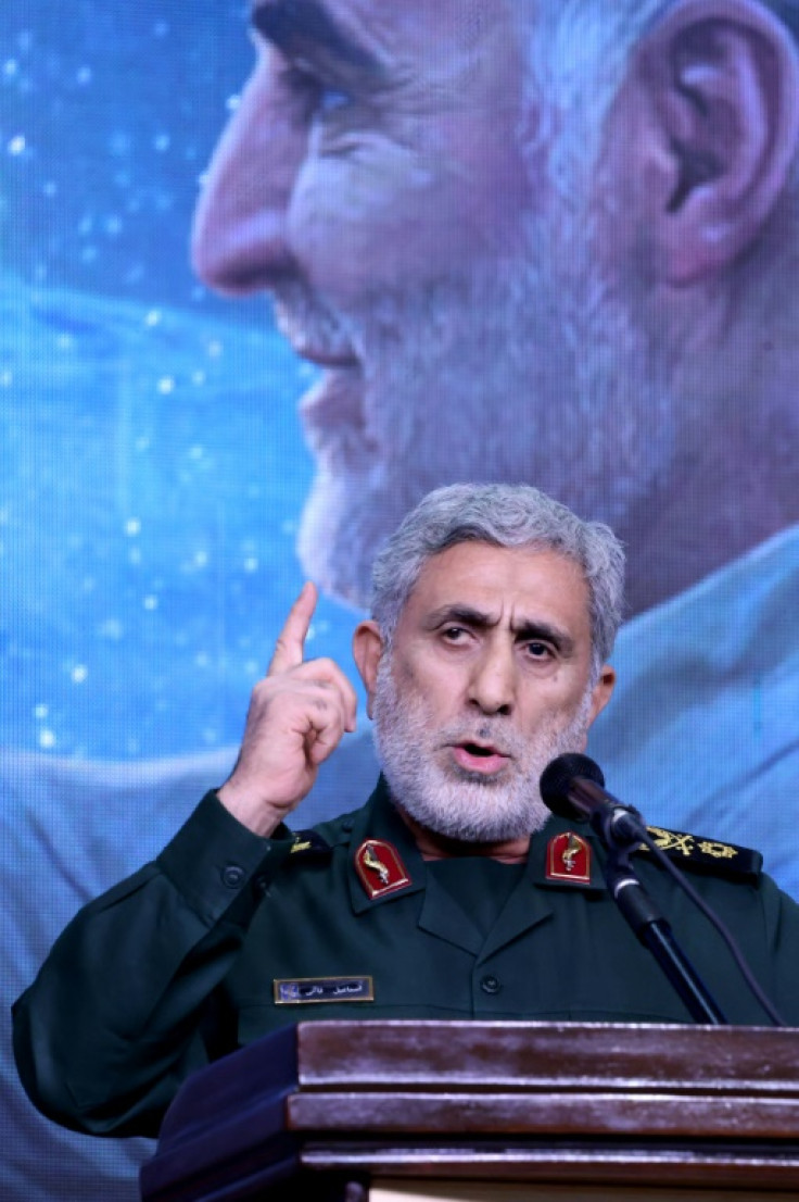 The commander of the Quds Force of the Islamic Revolutionary Guard Corps, Esmail Qaani, speaks during a commemoration ceremony for Qasem Soleimani on January 3, 2024