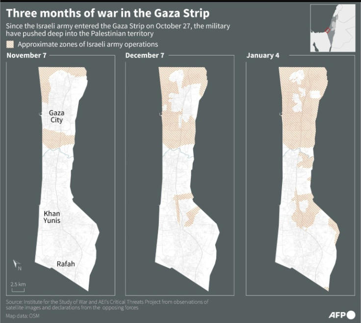 Map of the Gaza Strip with approximate zones of Israeli army operations to November 7, December 7 and January 4.