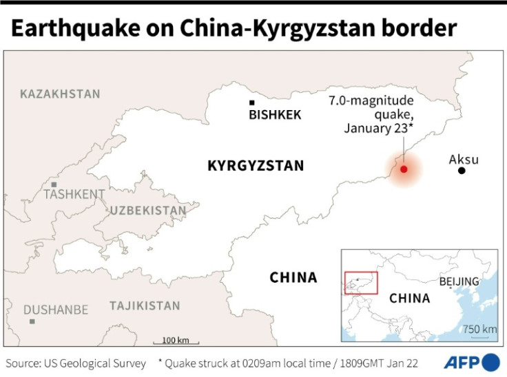 Map showing the epicentre of a 7.0 magnitude earthquake on the China-Kyrgyzstan border