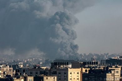 Smoke billows over Rafah in the southern Gaza Strip during Israeli bombardment on January 29, 2024