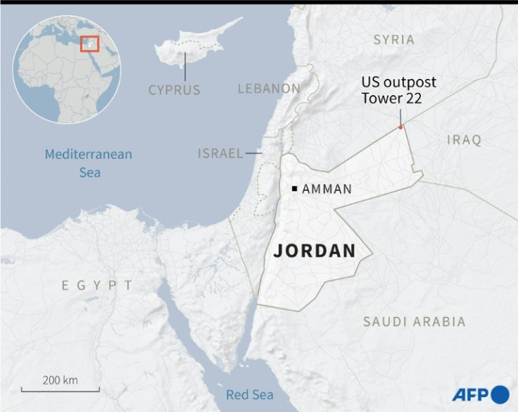 Map locating US outpost Tower 22 in Jordan where three American troops were killed in a drone attack on Sunday