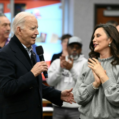 US President Joe Biden speaks alongside Michigan Governor Gretchen Whitmer as he campaigns in the Detroit area on February 1, 2024