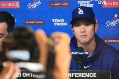 A screen grab of Los Angeles Dodgers ace Shohei Ohtani delivering a statement in his first remarks since his interpreter was accused of stealing from him last week