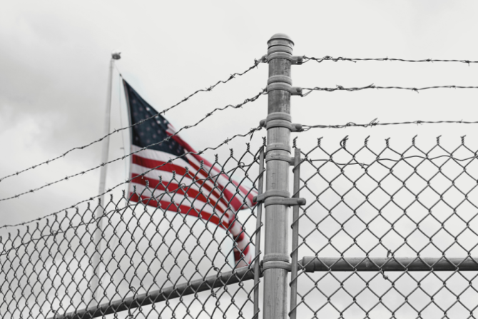 American flag flies inside a Bureau of Prisons facility