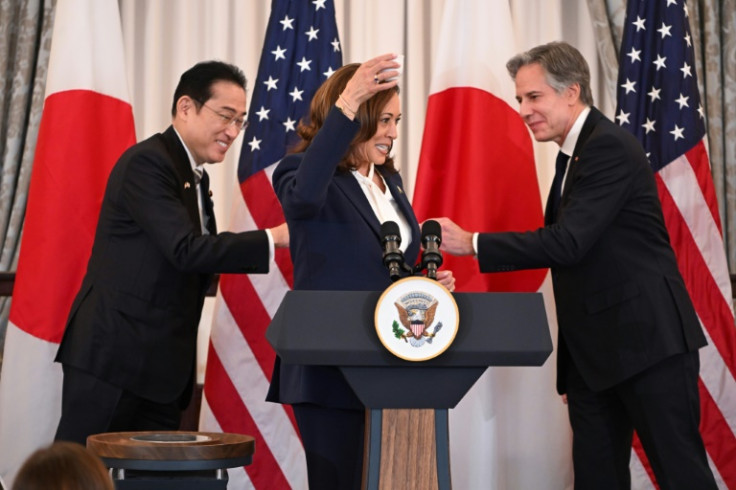US Vice President Kamala Harris and Secretary of State Antony Blinken toast Japanese Prime Minister Fumio Kishida during a luncheon at the State Department
