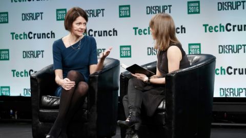 Darktrace chief executive Poppy Gustafsson (L) said the group's 'technology has never been more relevant in a world increasingly threatened by AI-powered cyberattacks'