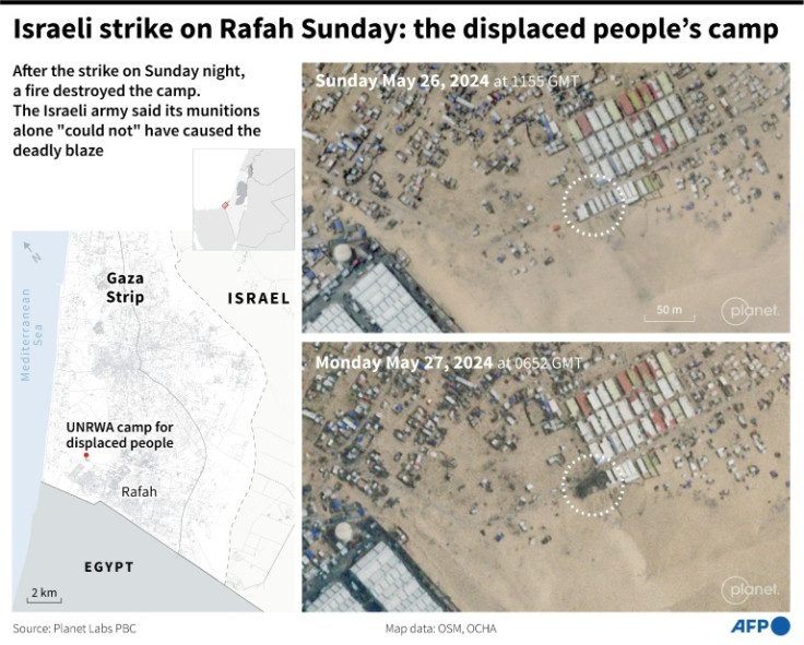 Satellite images from Planet Labs PBC showing the UNRWA displaced people's camp at Rafah in the Gaza Strip, before and after an Israeli strike on May 26,2024
