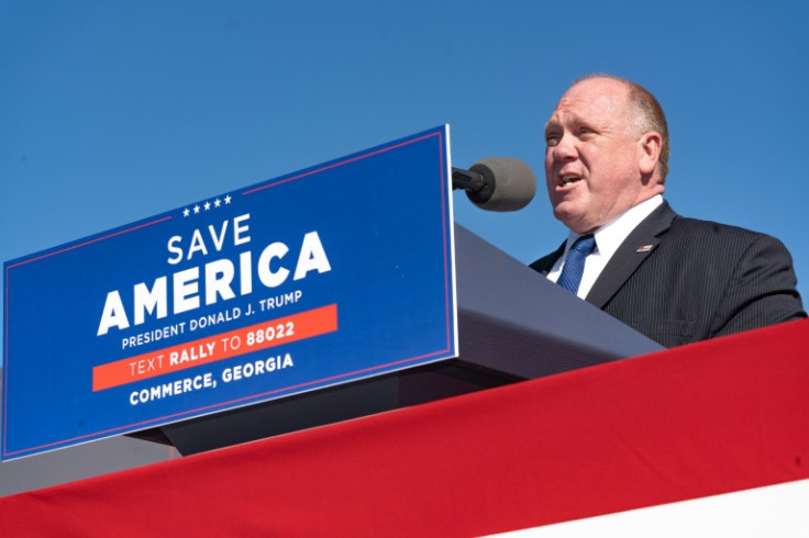 Tom Homan speaks to Donald Trump supporters during a rally Commerce, Georgia in March 2022