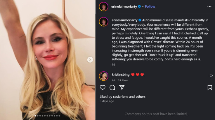 Erin Moriarty's IG post on her grave's disease condition