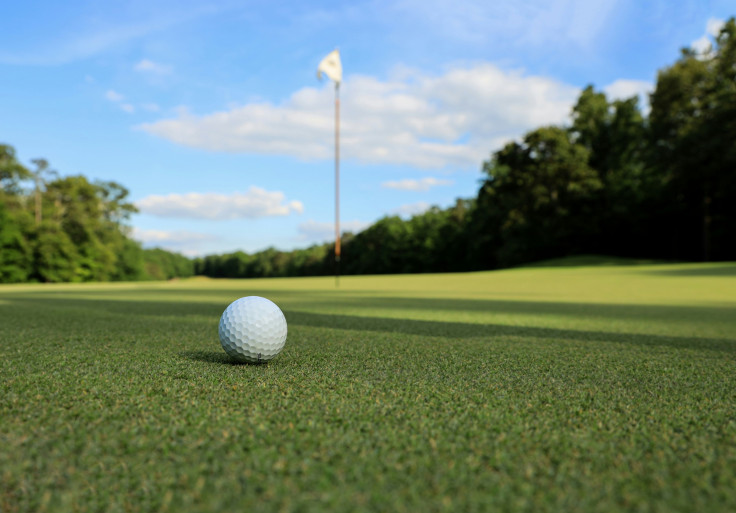 Golf ball sitting on the top of green field