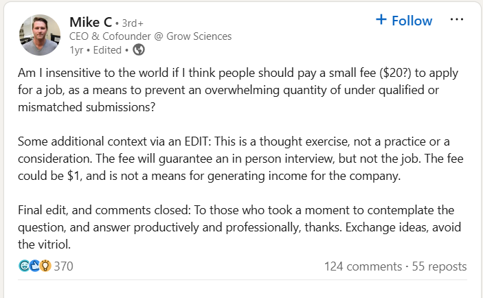 Mike C LinkedIn post