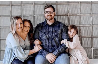 Abby and Brittany Hensel with Joshua Bowling and his daughter