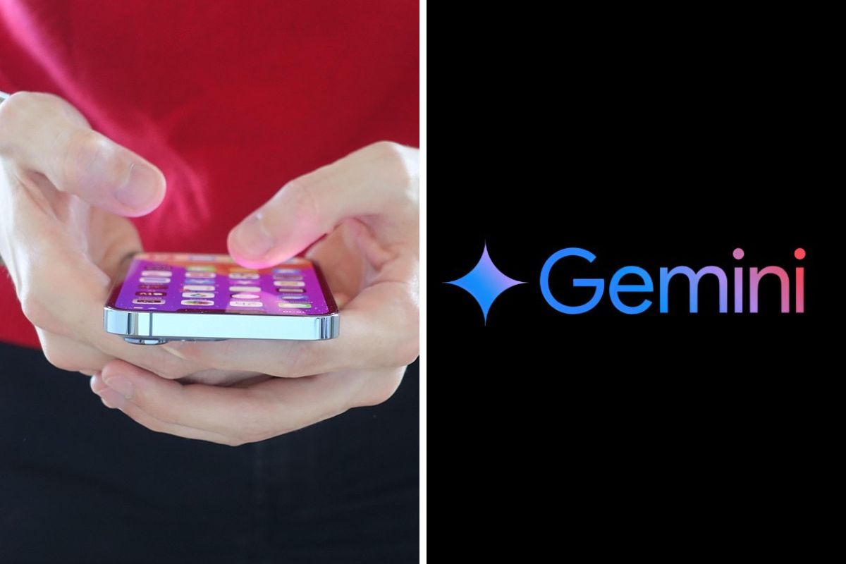 iPhone in hands and Gemini logo
