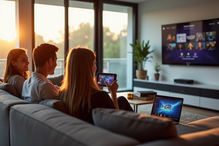 Three people on a couch use digital devices to stream