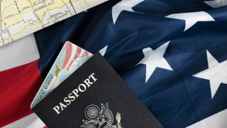 Passport on American flag