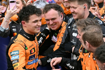 Lando Norris celebrates with McLaren team in Australian Grand Prix