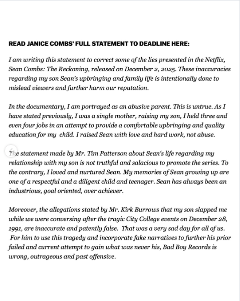 Janice Combs' Full Statement